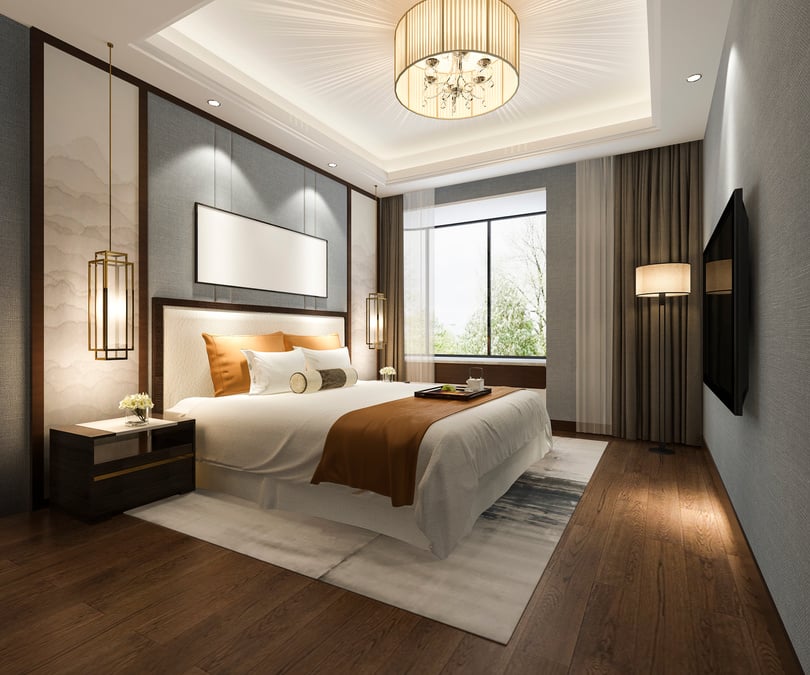 3d rendering beautiful luxury bedroom suite in hotel with tv